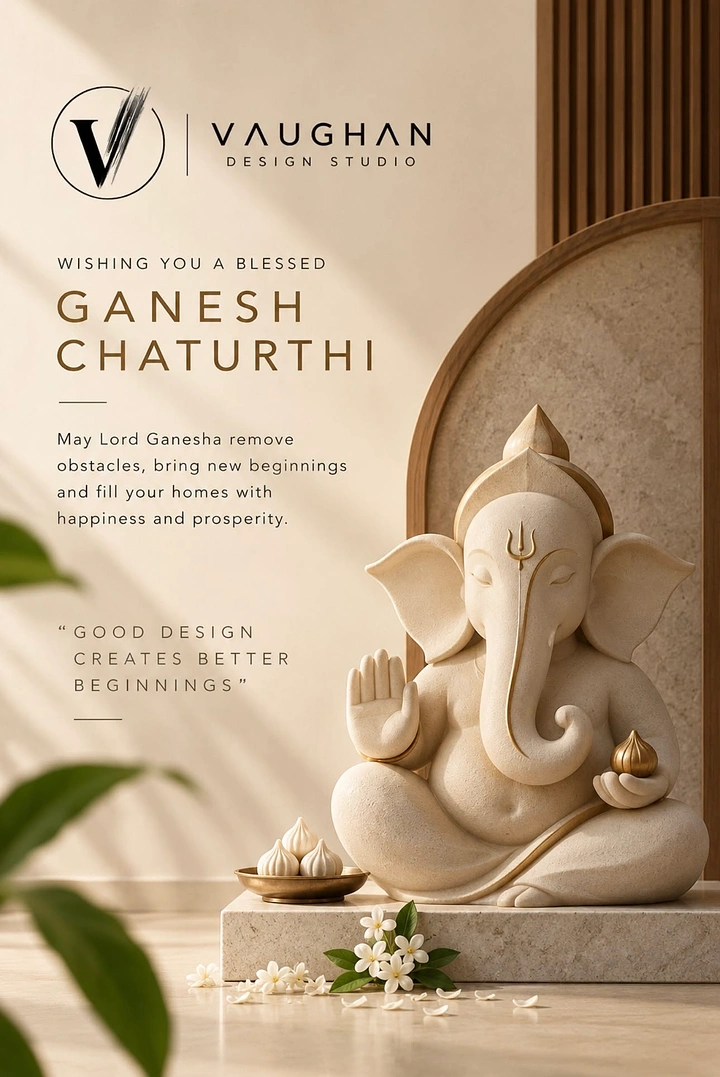 Ganesh Chaturthi creative ad: Seated beige stone Ganesha on a plinth before an arched wooden niche