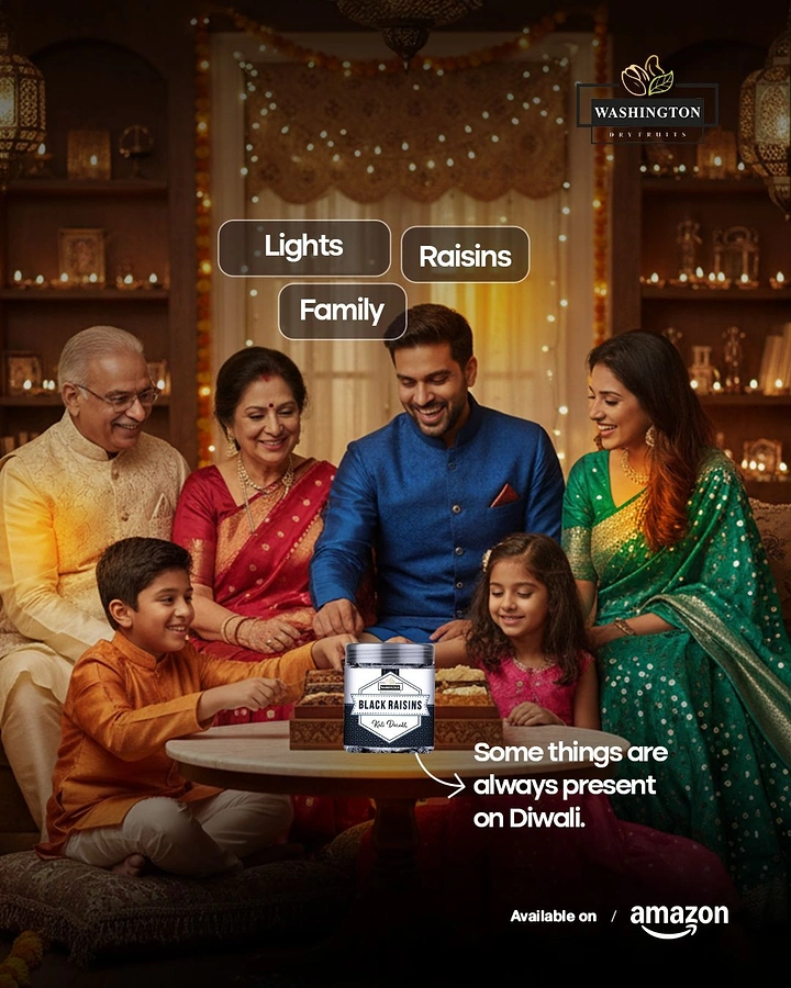 Diwali creative ad: Multi-generational Indian family gathered around a dry fruit box and raisin jar
