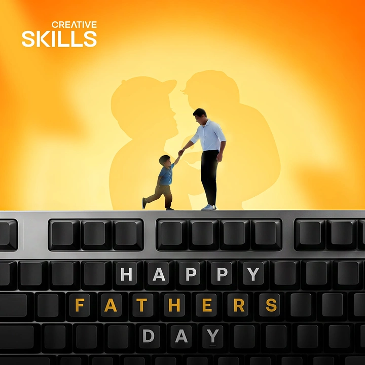 Father's Day creative ad: Miniature father and son holding hands on top of a black keyboard