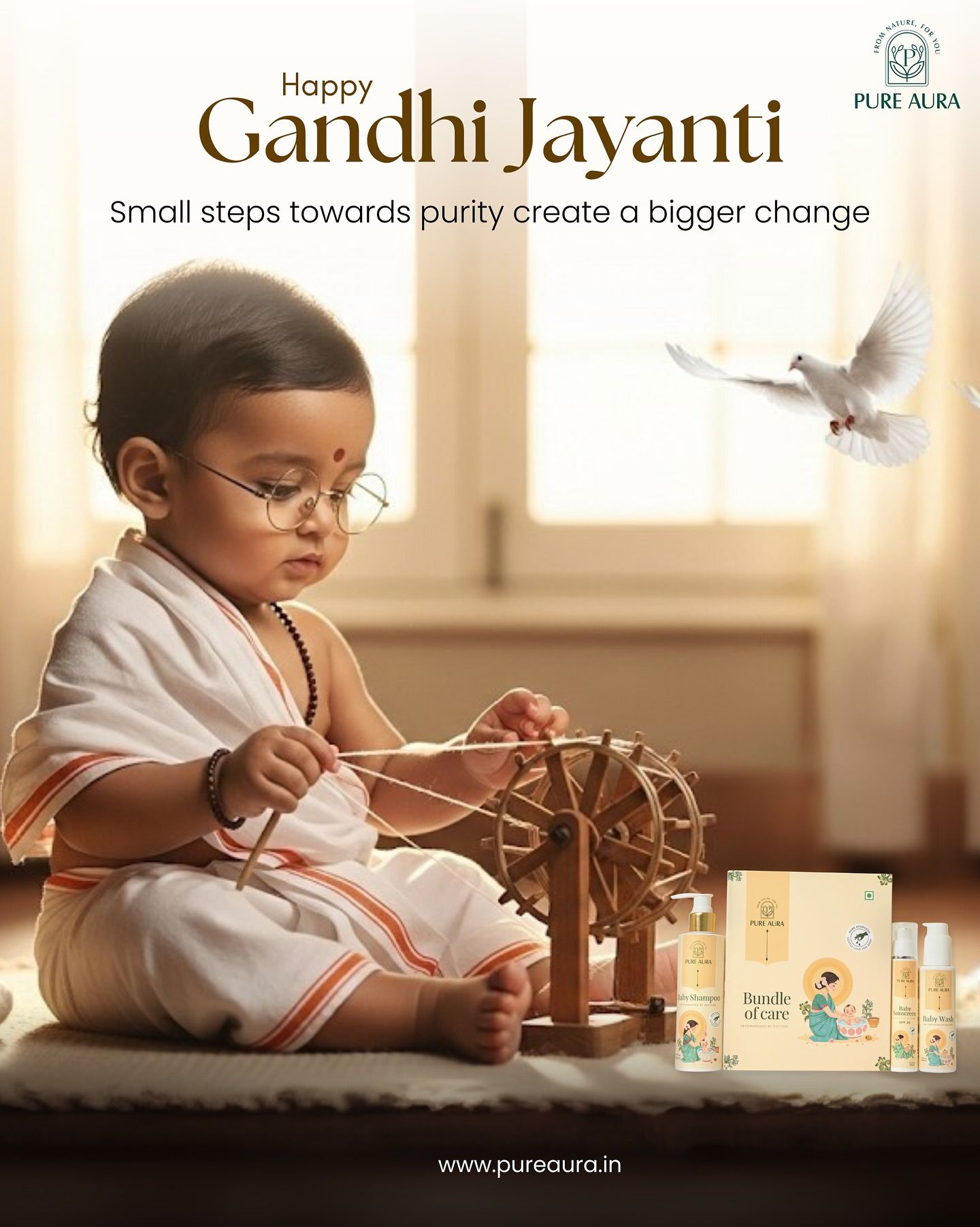 Baby dressed as Gandhi spinning a charkha, with baby-care products
