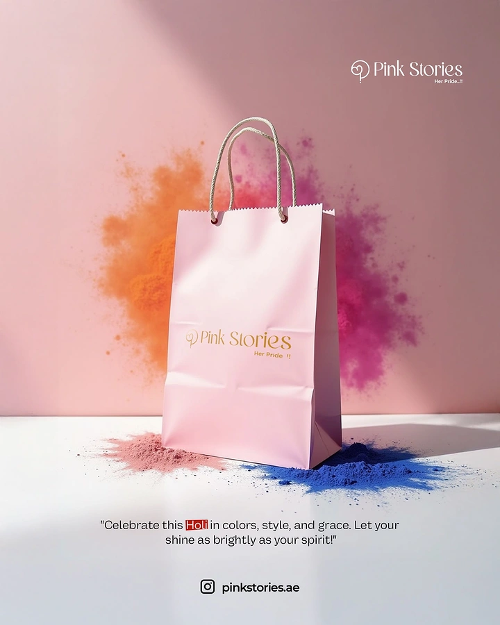Holi creative ad: Pink branded paper shopping bag with Holi colour powder