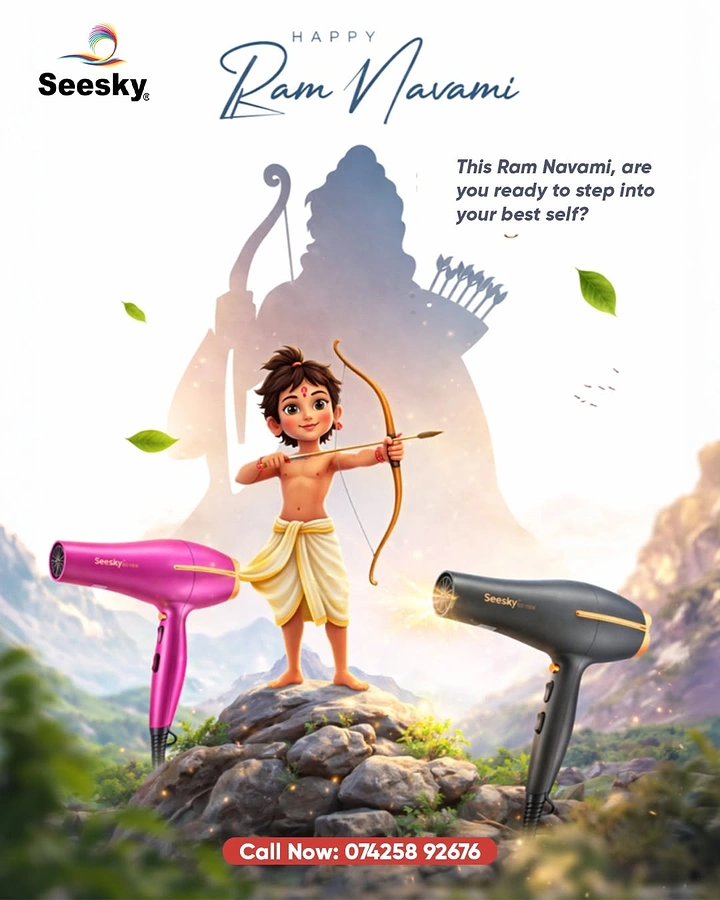 Ram Navami creative ad: Child Ram archer flanked by brand hair dryers