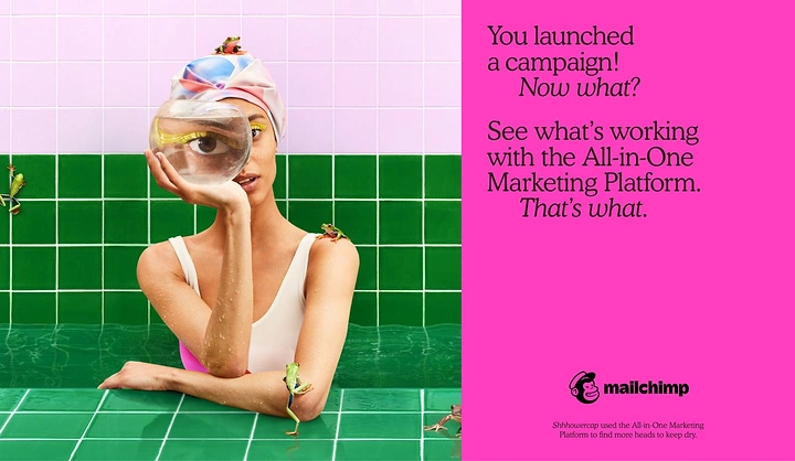 IT & Software creative ad: Woman in shower cap peering through glass bowl in tiled pool with frogs