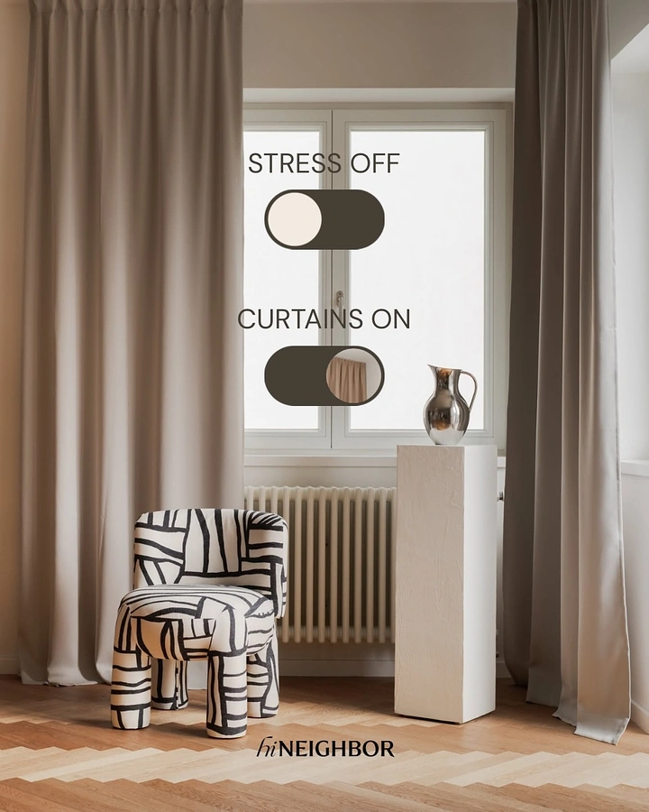 Curtains & Blinds creative ad: Minimal interior with taupe curtains, graphic chair and toggle switch overlays