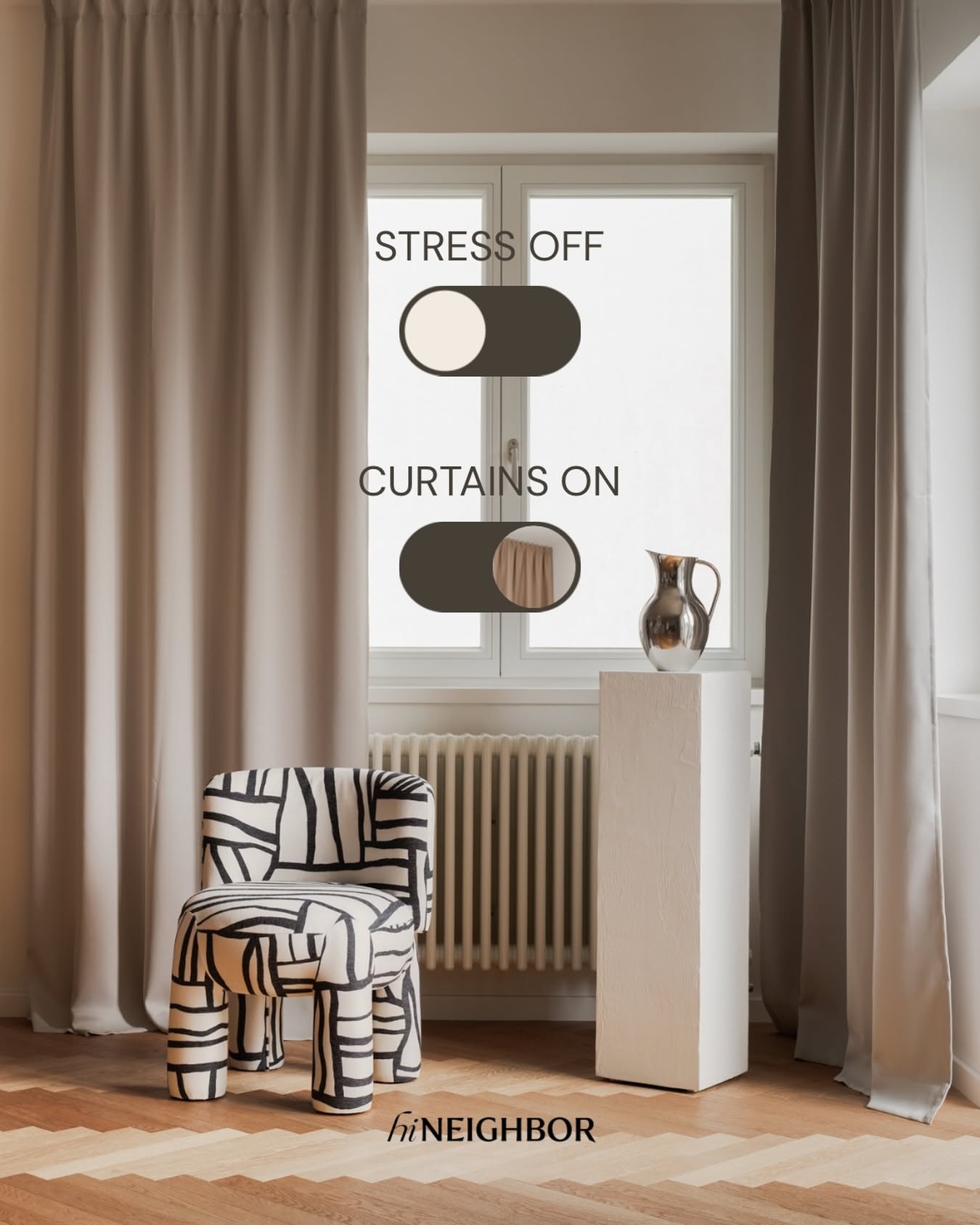 Instagram post: Minimal interior with taupe curtains, graphic chair and toggle switch overlays