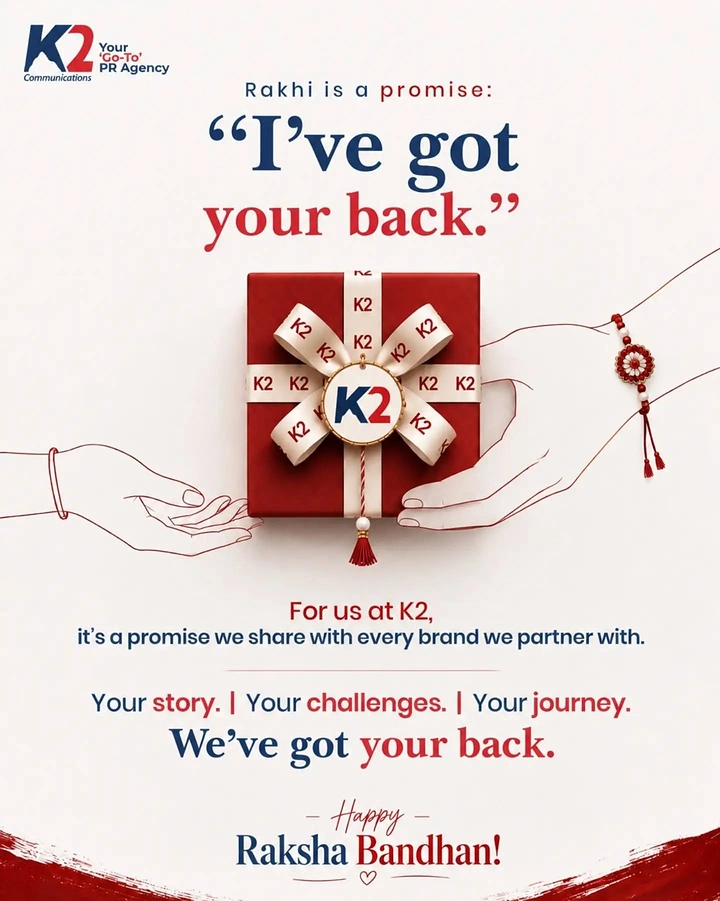 Raksha Bandhan creative ad: Red gift box tied with branded ribbon passed between line-drawn hands, one wearing a rakhi
