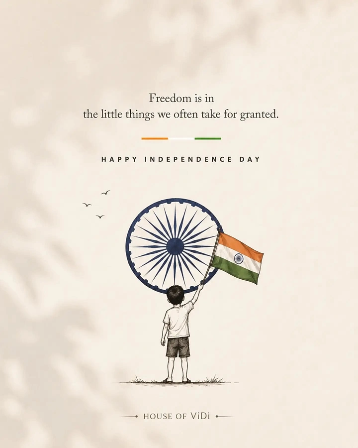 Independence Day creative ad: Pencil-sketch child holding up an Indian flag in front of a large Ashoka Chakra