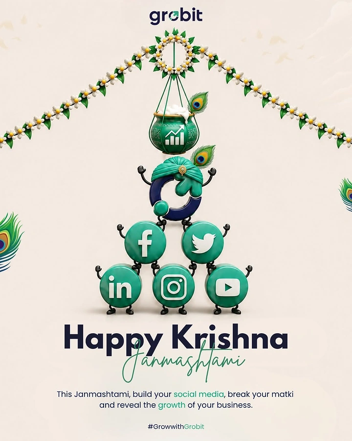 Janmashtami creative ad: 3D social icons forming a dahi handi pyramid
