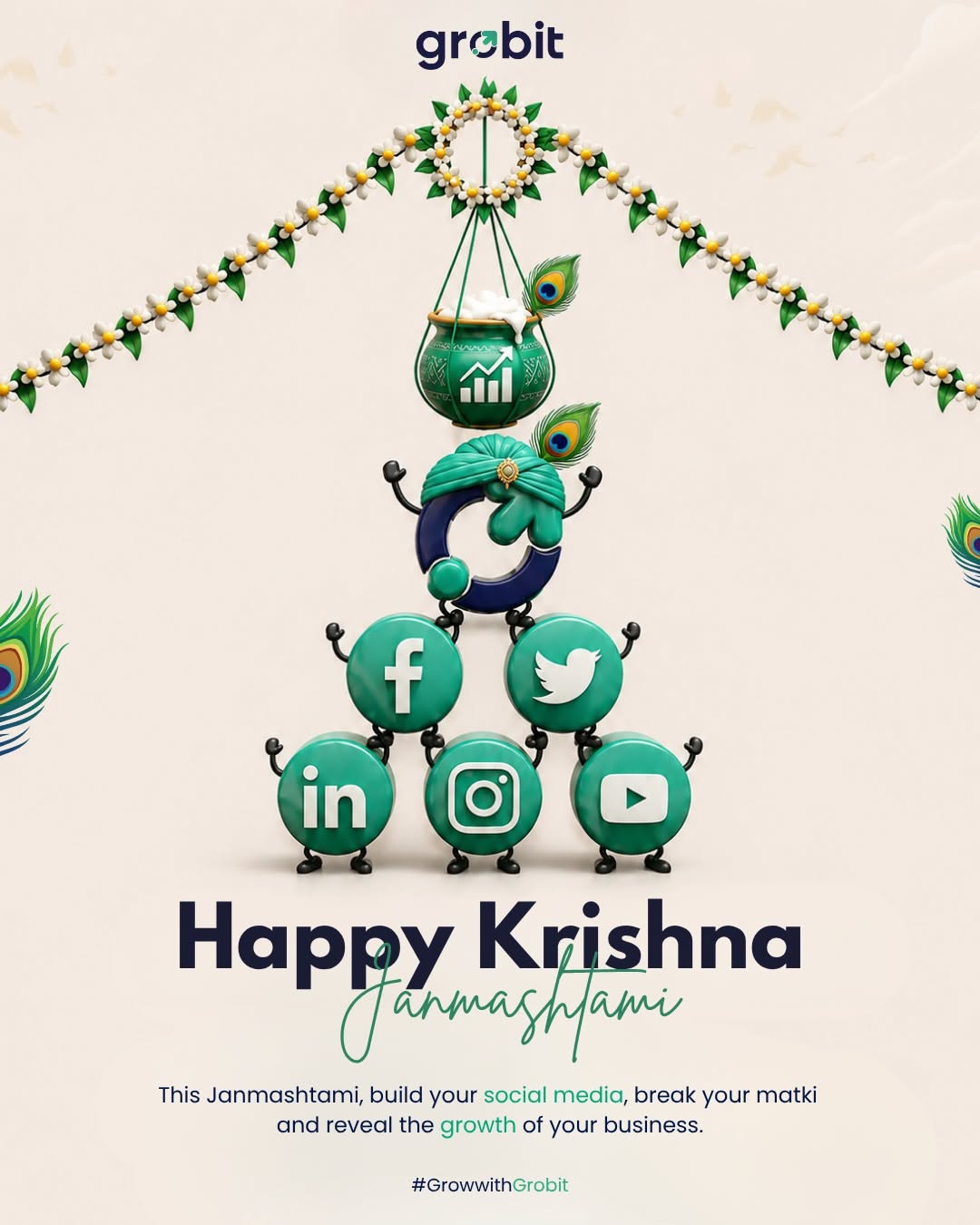 3D social icons forming a dahi handi pyramid