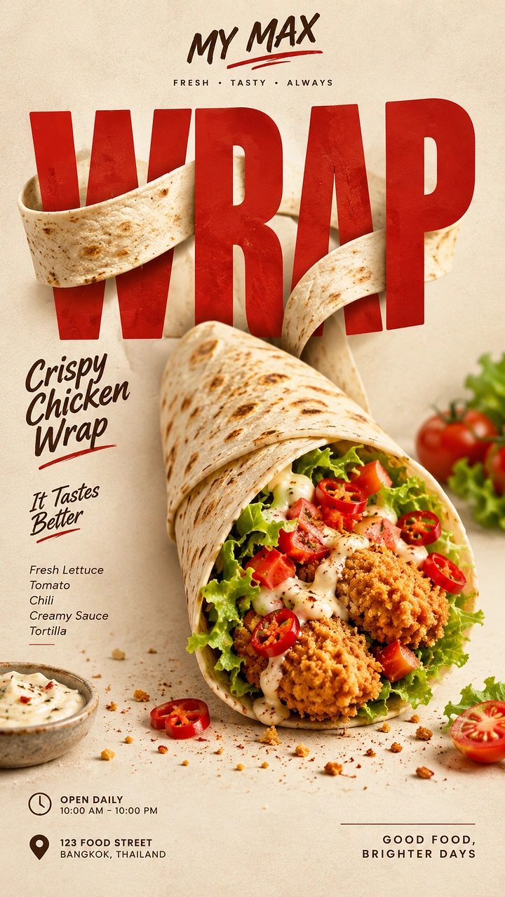 Creative ad: Crispy chicken wrap with a tortilla ribbon woven through giant headline letters