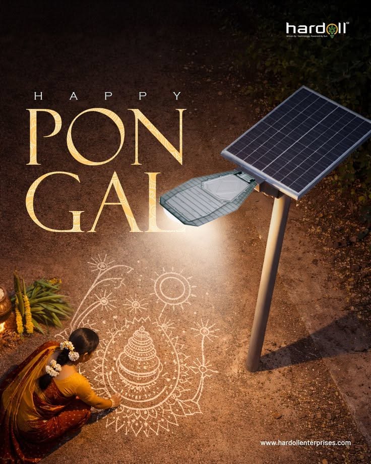 pongal Instagram post: Solar street light illuminating a woman drawing a kolam at night