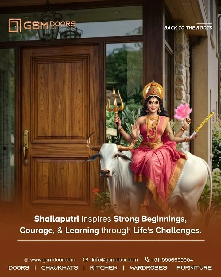 Navratri creative ad: Goddess Shailaputri seated on a white bull before a grand wooden entrance door