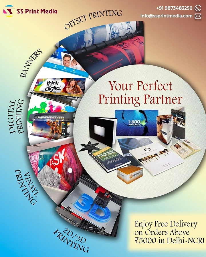 Printing Shops creative ad: Services arranged as a curving print wheel
