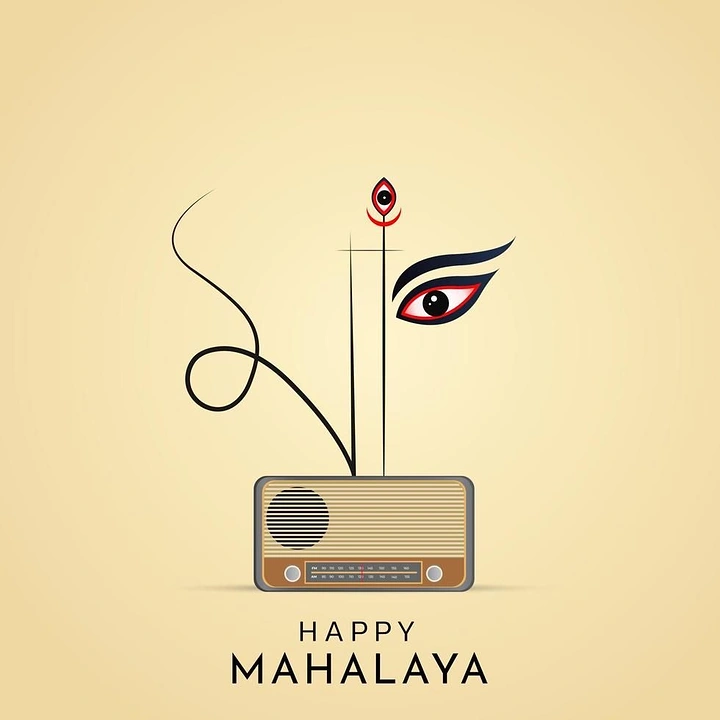 Durga Puja creative ad: Vintage radio whose antenna lines form Durga's eye and third eye