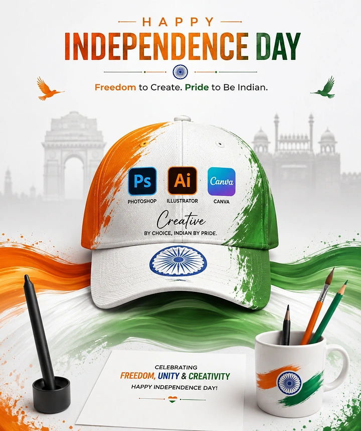 Independence Day creative ad: Tricolour-painted cap with design software icons