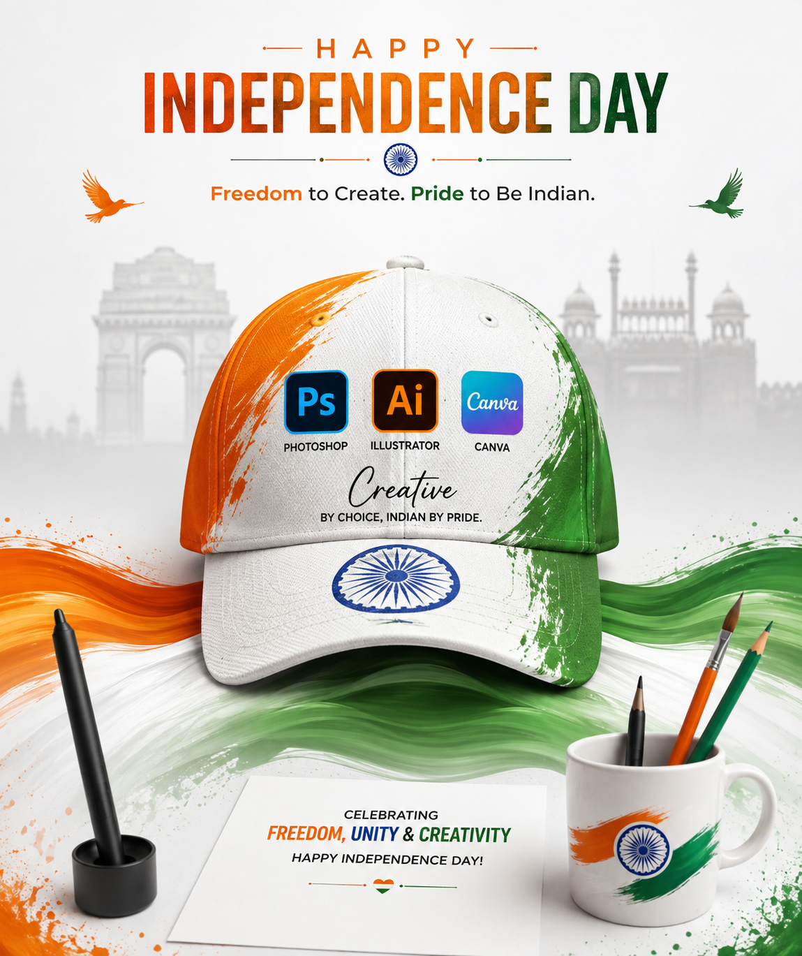Tricolour-painted cap with design software icons