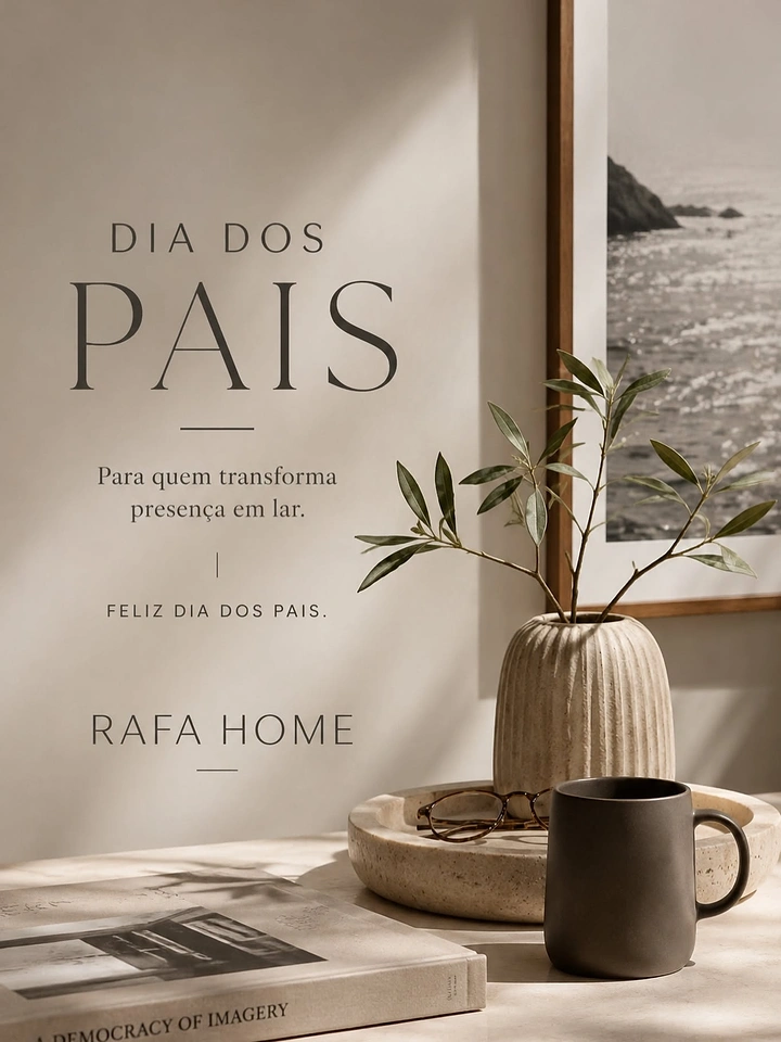 Father's Day creative ad: Sunlit neutral still life with vase, mug, glasses and book