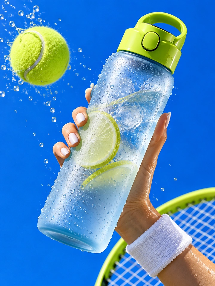 Packaged Drinking Water creative ad: Energetic tennis hydration composition