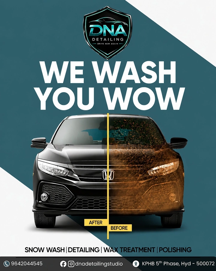 Car Wash & Detailing creative ad: Before/after split car with 'We Wash You Wow'