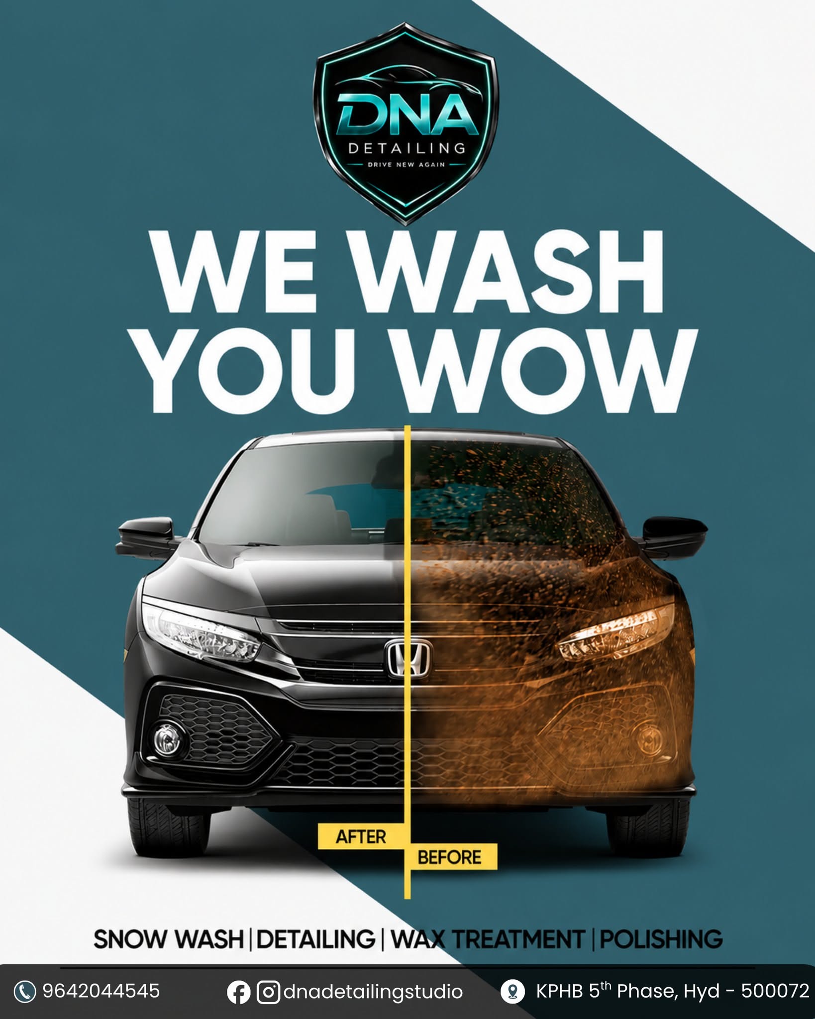 Instagram post: Before/after split car with 'We Wash You Wow'