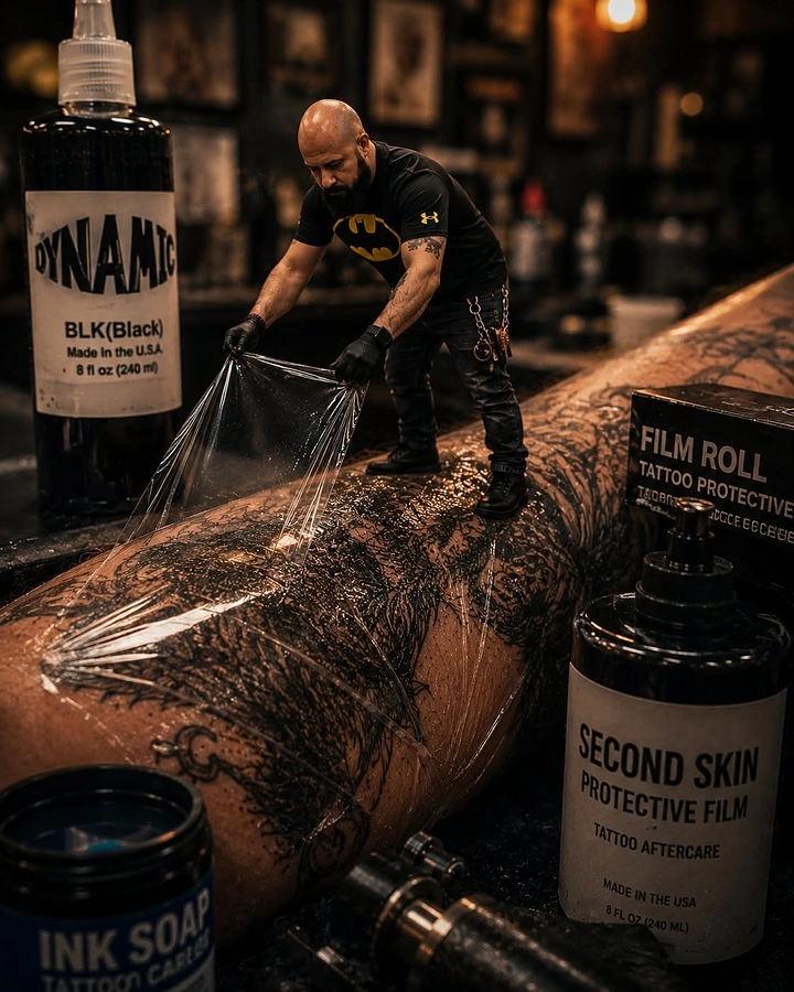 Tattoo Studios creative ad: Miniature artist wrapping giant tattooed arm