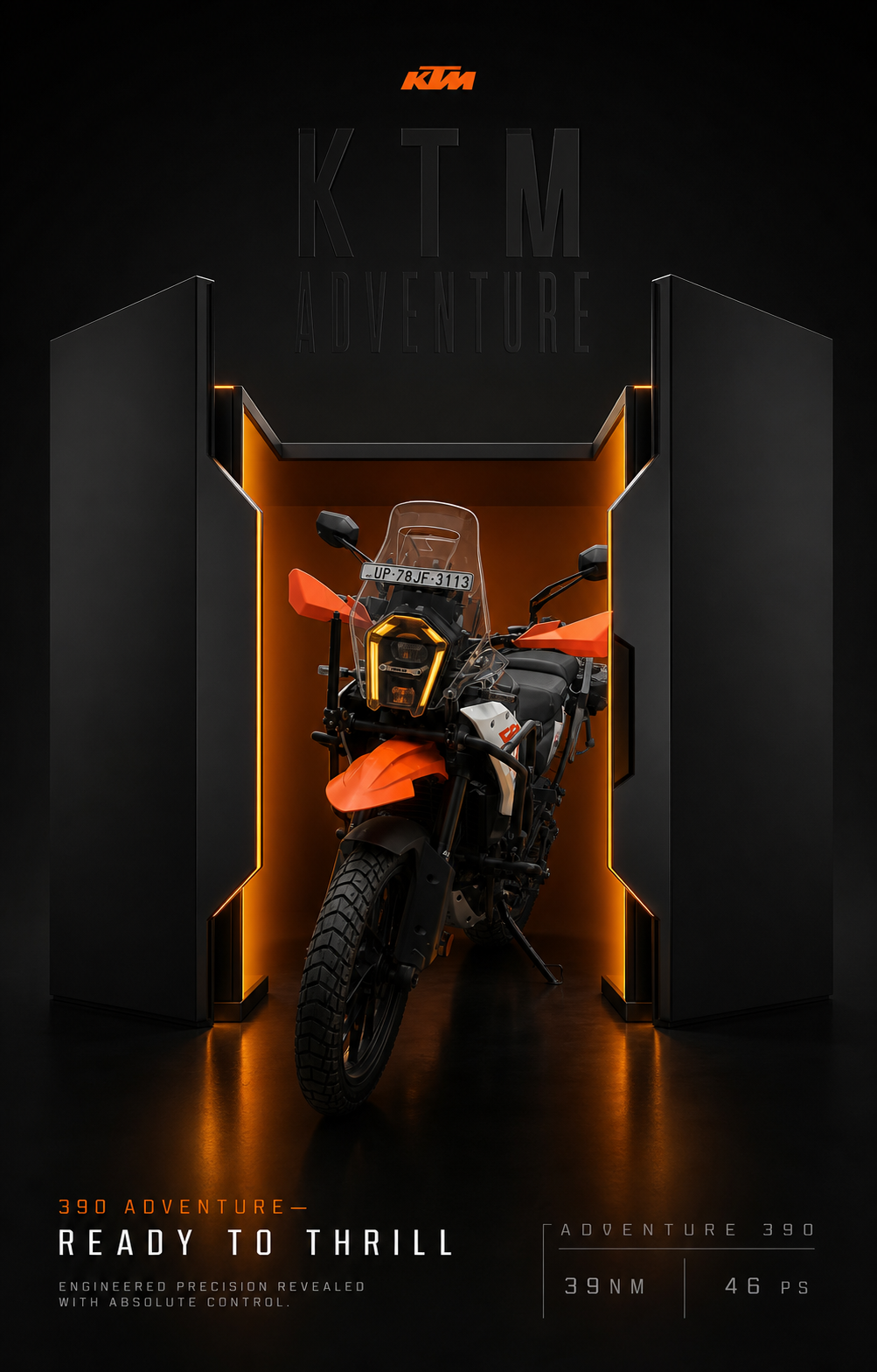 Poster: Adventure motorcycle revealed inside a glowing black box