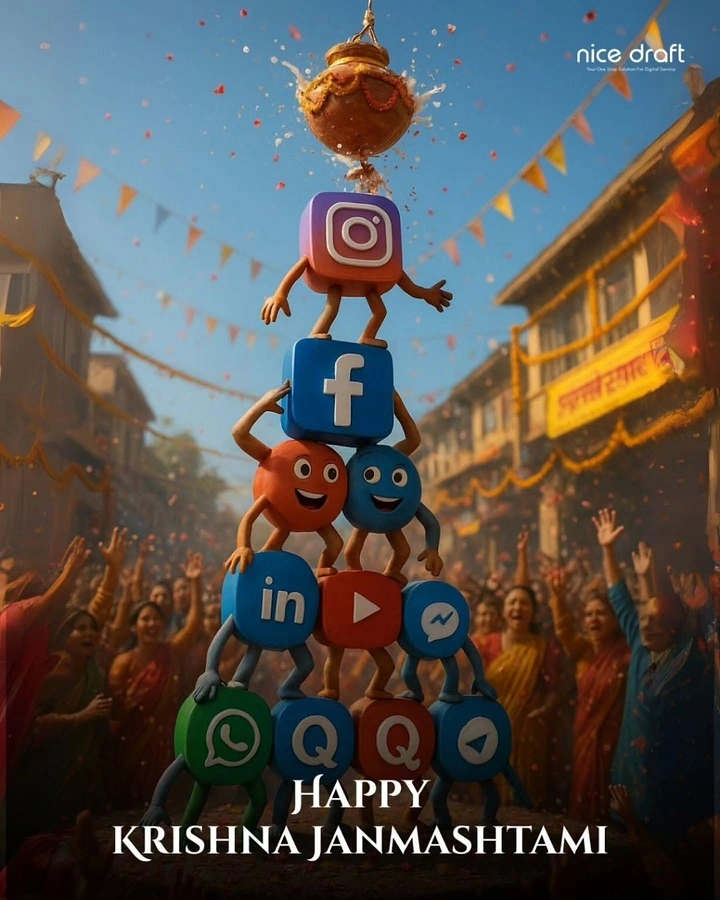 Janmashtami creative ad: A pyramid of 3D social-media icon characters breaking a dahi handi