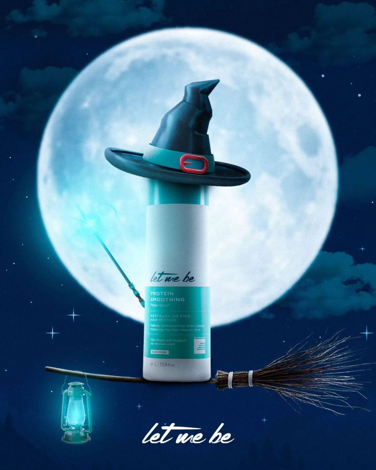 Hair mask bottle wearing a witch hat on a broomstick
