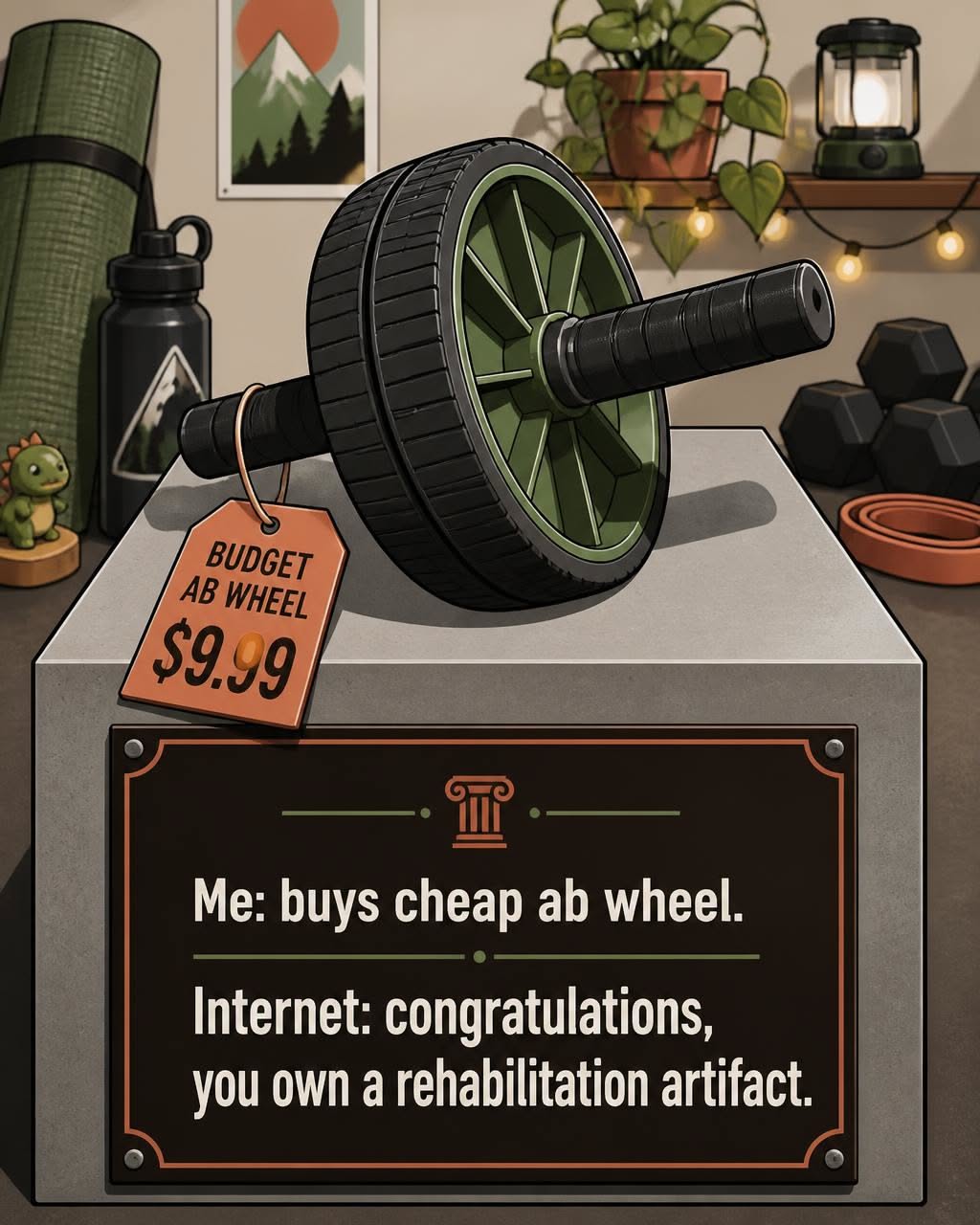 Instagram post: Humorous cheap-ab-wheel rehabilitation joke