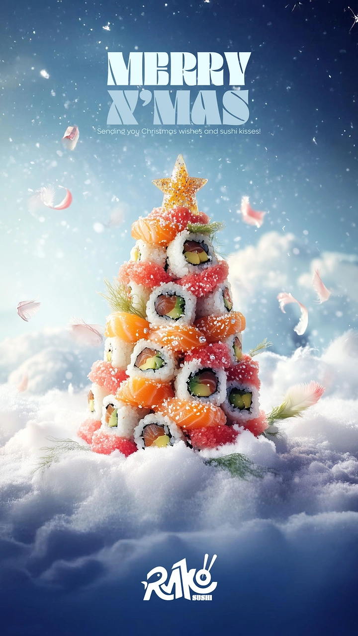 Christmas creative ad: Tree of stacked sushi rolls on snowy clouds