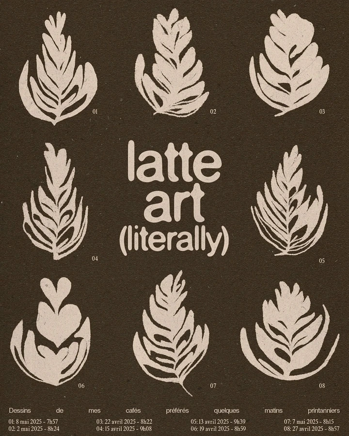 Restaurant & Cafe creative ad: Grid of eight hand-painted latte art rosettas