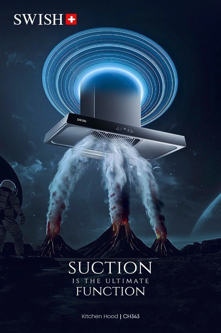 Home Appliances creative ad: Hood as UFO sucking volcano smoke
