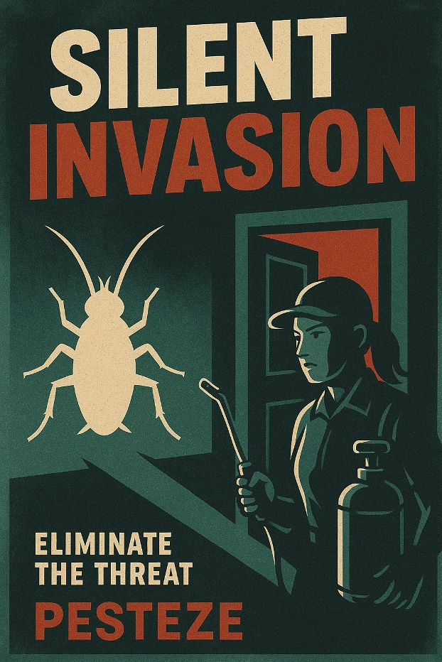 Pest Control creative ad: Wartime propaganda poster framing pests as invasion