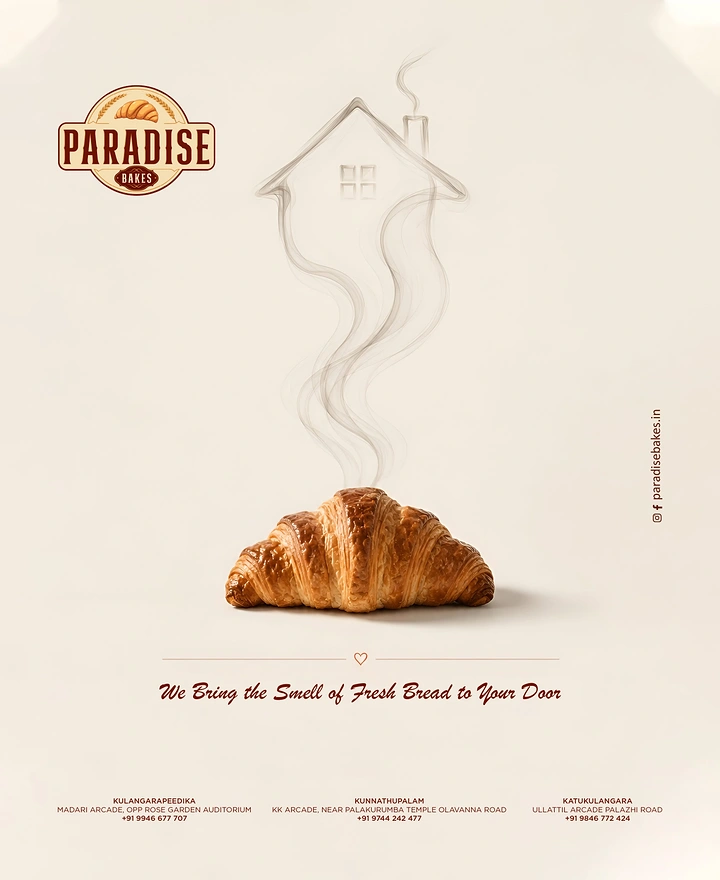 Creative ad: Croissant with steam rising into a house shape