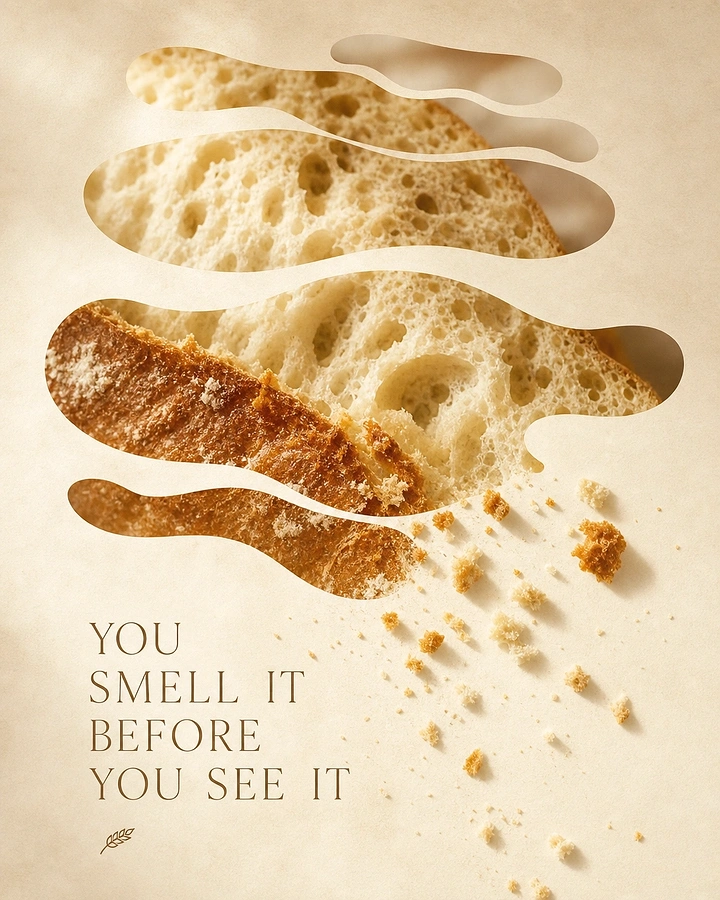 Sweet Shop creative ad: Close-up of a torn bread loaf seen through wavy paper cutouts