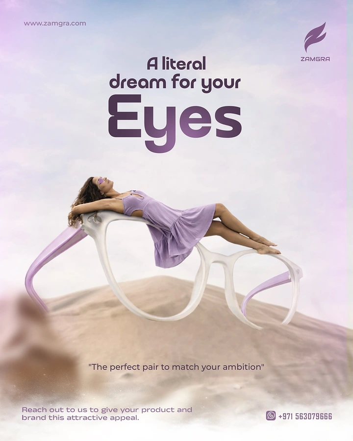 Opticians & Eye Care creative ad: Woman lounging on giant frames: literal dream