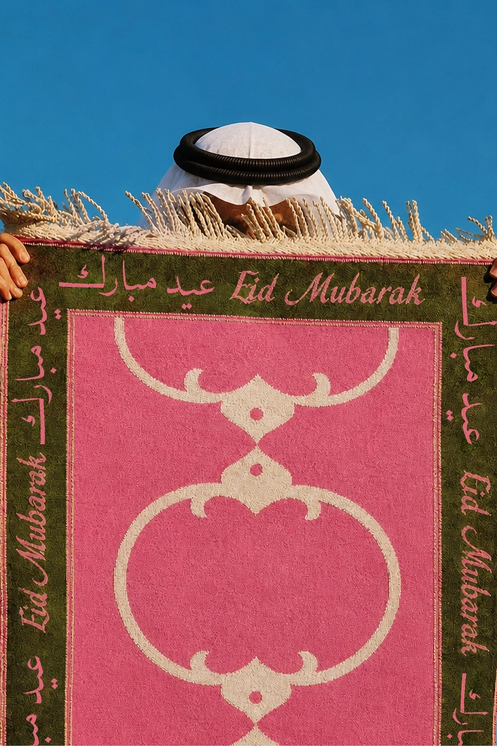 Eid creative ad: Man hiding behind a pink prayer rug held up against a blue sky