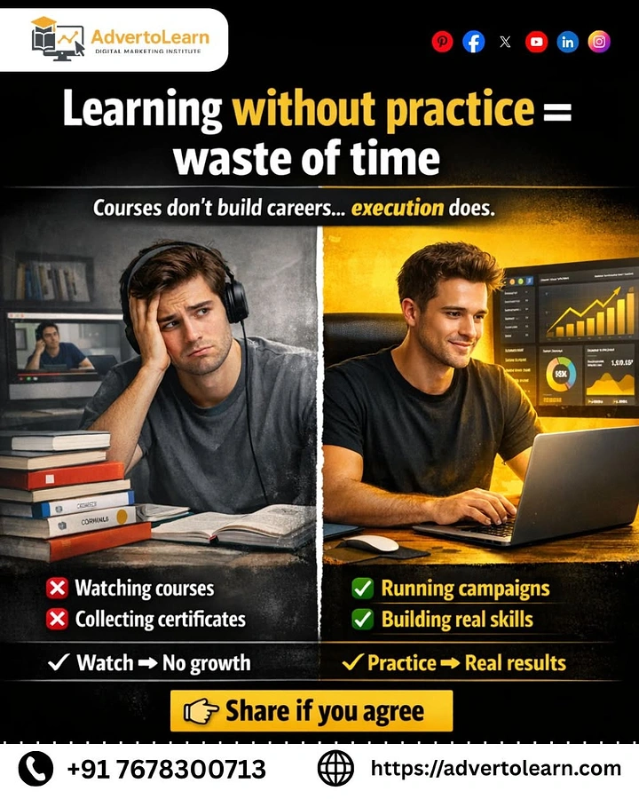 Online Courses & E-learning creative ad: Learning-versus-practice split-screen metaphor