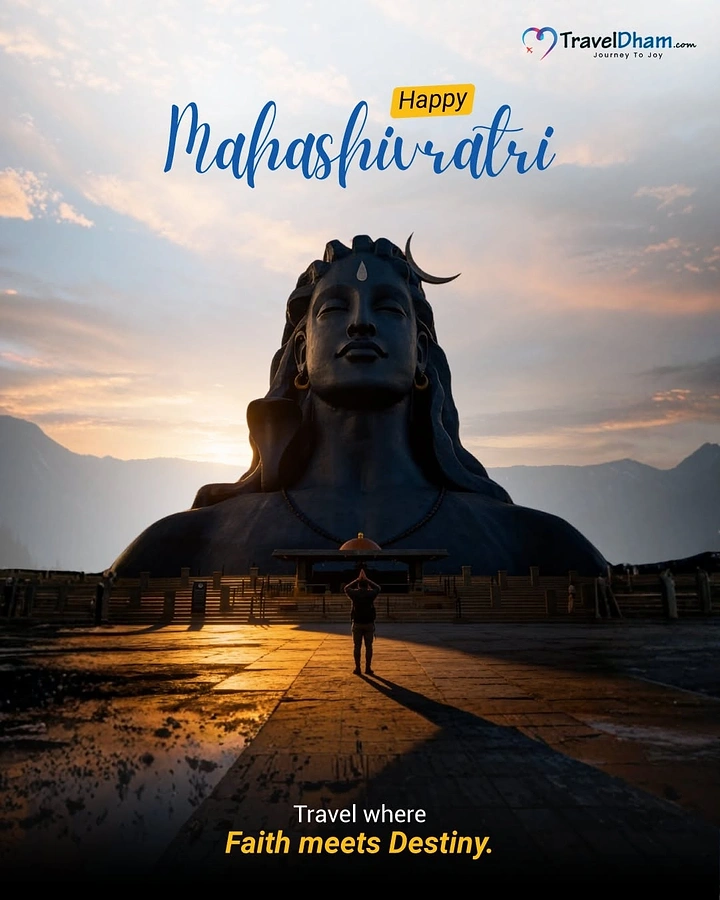 other-festival creative ad: Giant Adiyogi Shiva bust at sunrise with a lone devotee