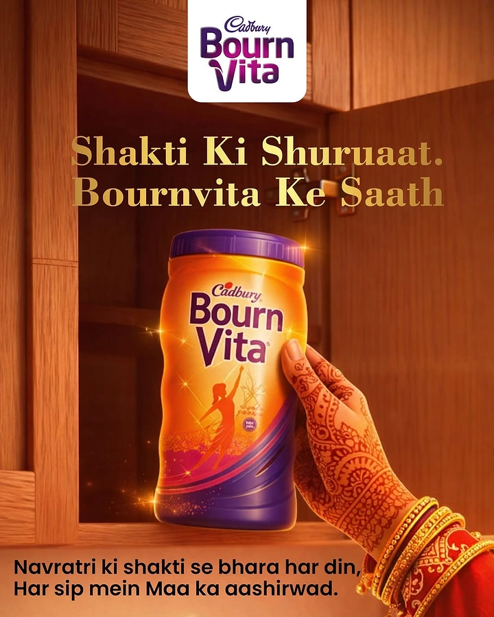 Navratri creative ad: Henna-decorated hand taking a glowing drink jar from a cupboard