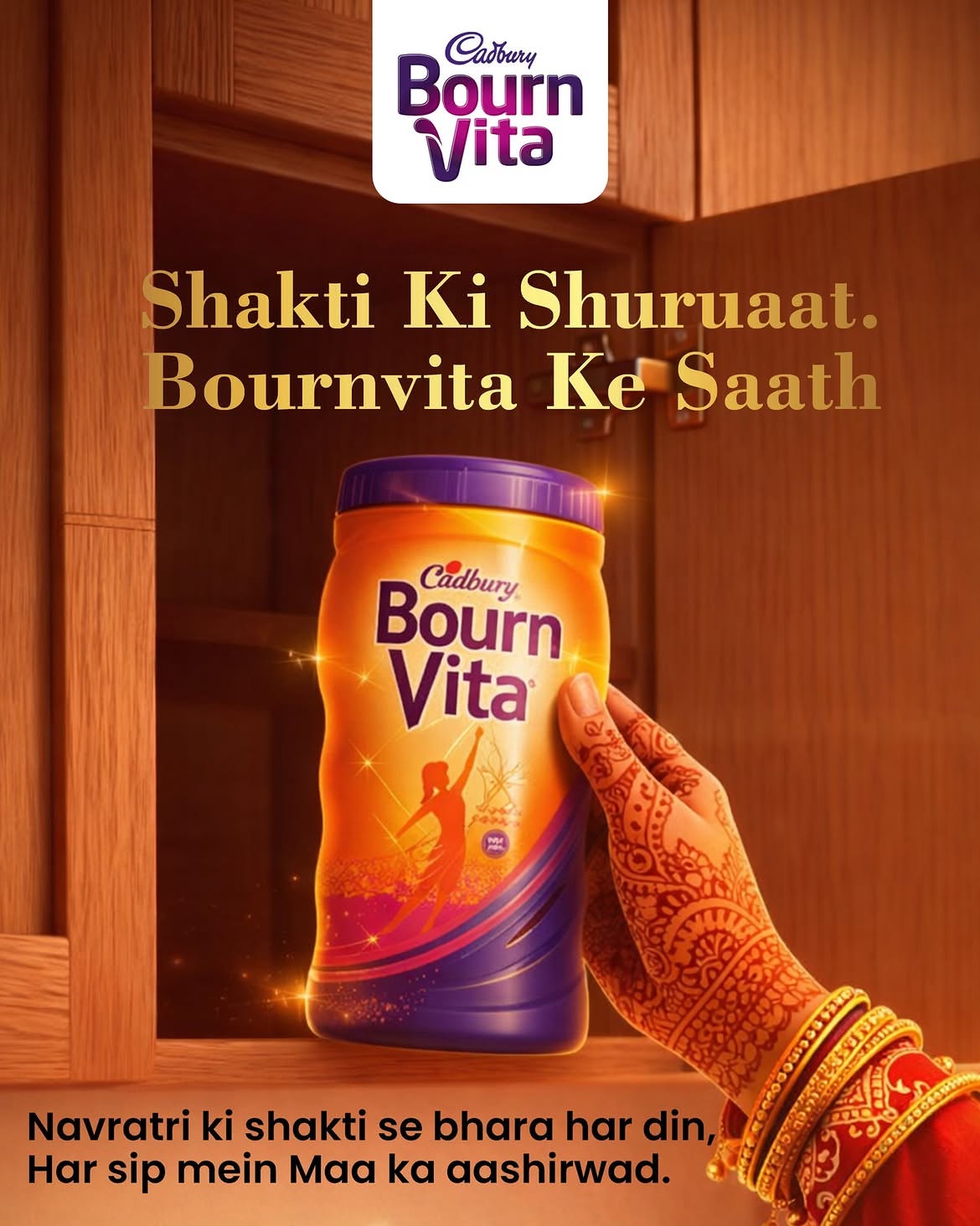 Henna-decorated hand taking a glowing drink jar from a cupboard
