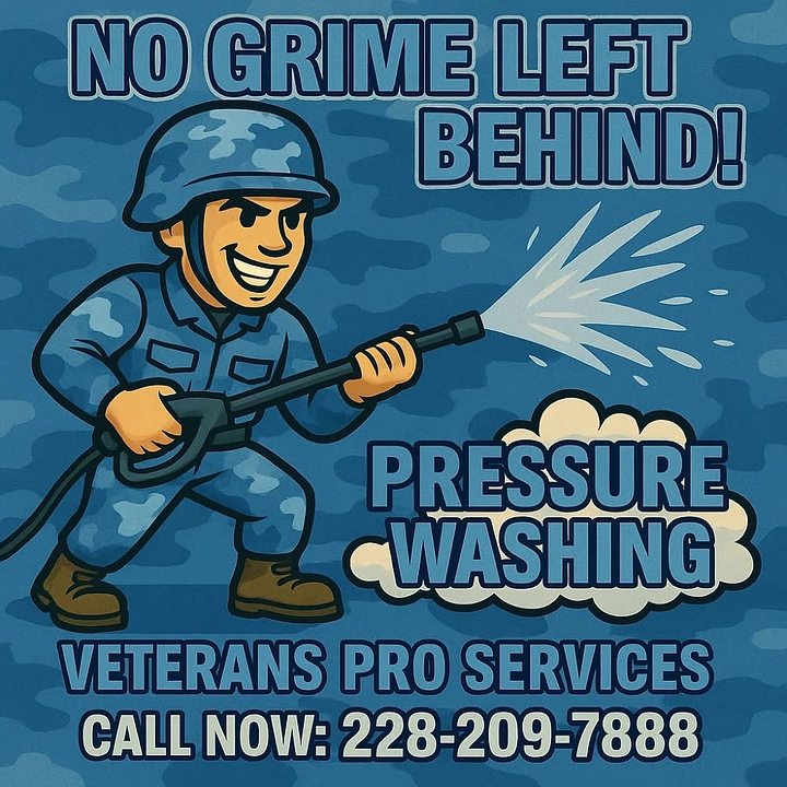 Pressure Washing creative ad: Veteran-service illustration supports grime pun