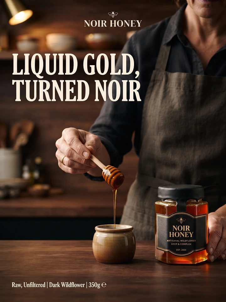 Honey Brands creative ad: Apron-clad artisan drizzling honey from a dipper beside a black-labelled jar