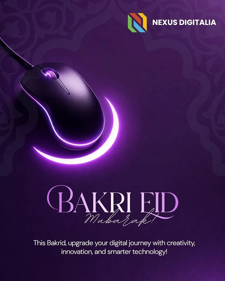 Eid creative ad: Black computer mouse with glowing purple crescent