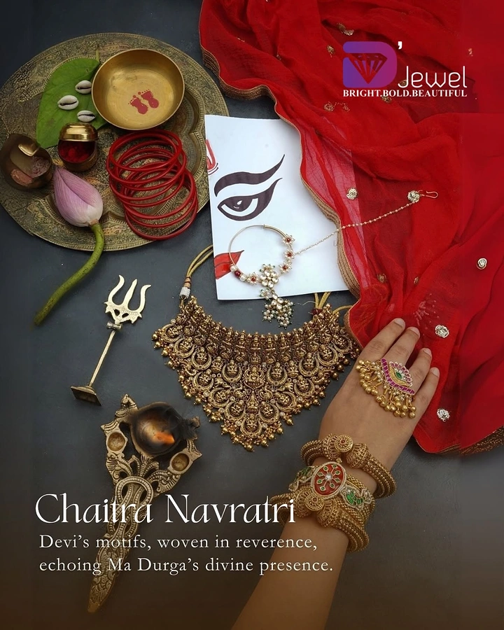 Navratri creative ad: Flat-lay of antique temple jewellery with Durga puja props