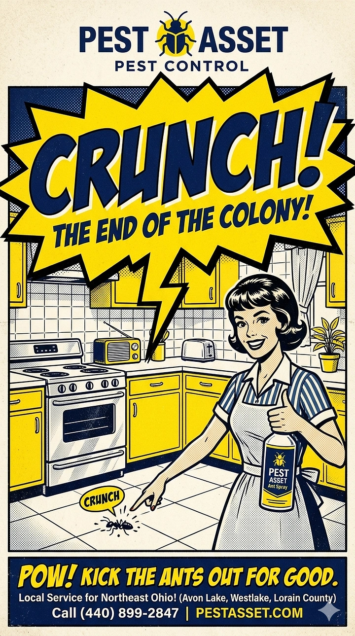 Pest Control creative ad: Retro comic 'CRUNCH! End of the colony'