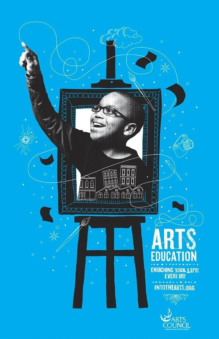 Schools & School Admissions creative ad: Art figure merges with education poster