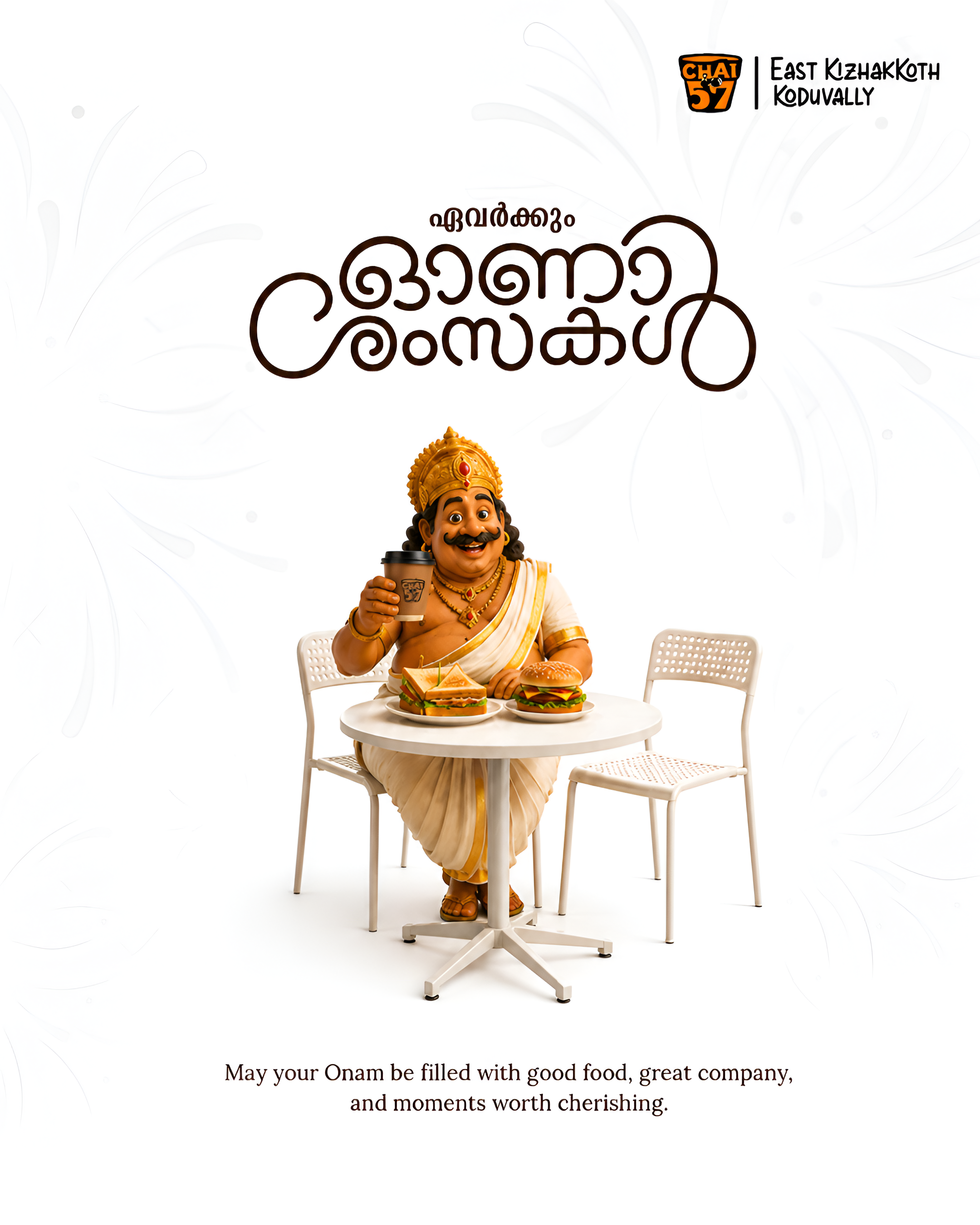 3D Mahabali at a white cafe table with coffee, burger and sandwich