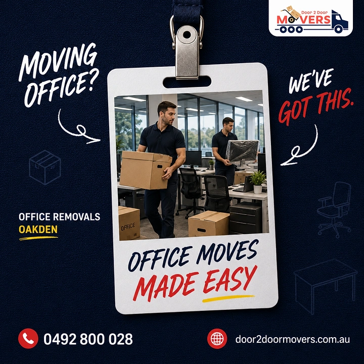 Movers & Packers creative ad: Office ID badge frames the moving team