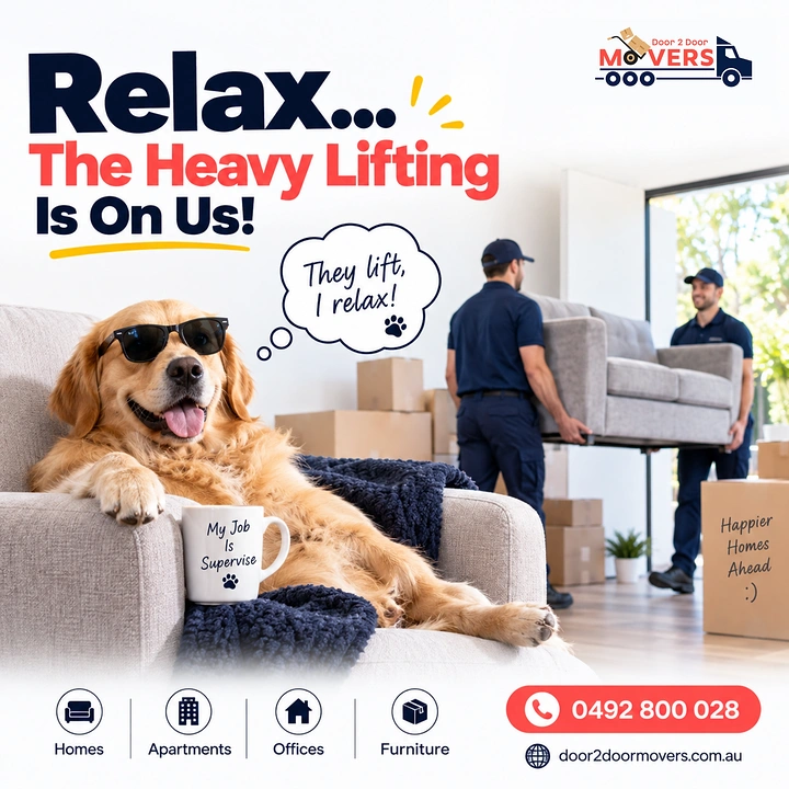 Movers & Packers creative ad: Relaxed dog in sunglasses: they lift, I relax